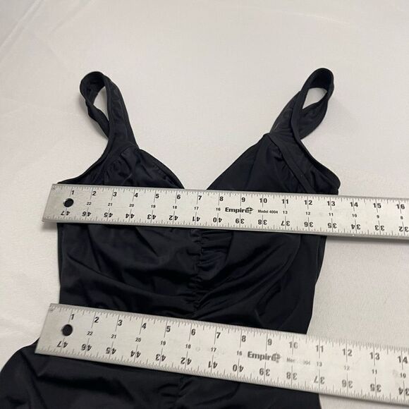 LE COVE Solid Black One Piece VTG Swimsuit Rusched Up The Center Front Size 12 - Picture 4 of 7
